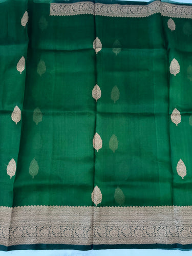 Sheer Lightweight Organza Silk Saree with Tussar Silk Border | Antique Zari | Shade of Forest Green | Handwoven | Ships from California